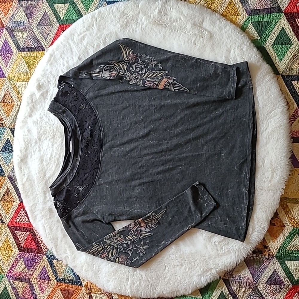 NWT Harley Davidson Biker Tattoo Graphic Lace Cutout Top Medium